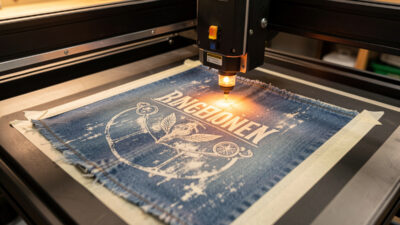 Diode laser engraving a faded distressed design into denim taped flat on the bed