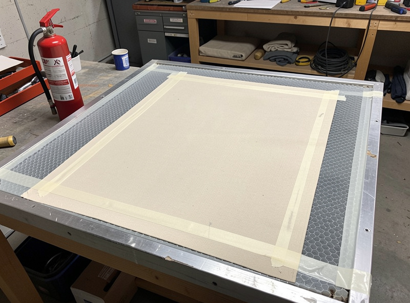 Fabric taped flat to the laser bed with a fire extinguisher visible within reach on the bench
