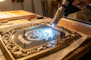 Laser engraving a decorative mirror with a frosted monogram on the workshop bench