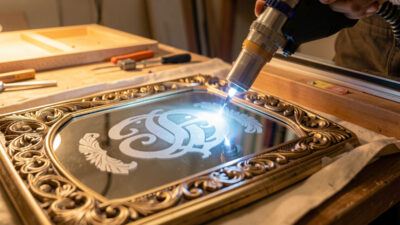 Laser engraving a decorative mirror with a frosted monogram on the workshop bench