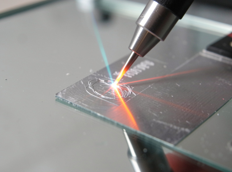 Laser back-engraving a mirror, beam passing through the glass to remove the silver backing