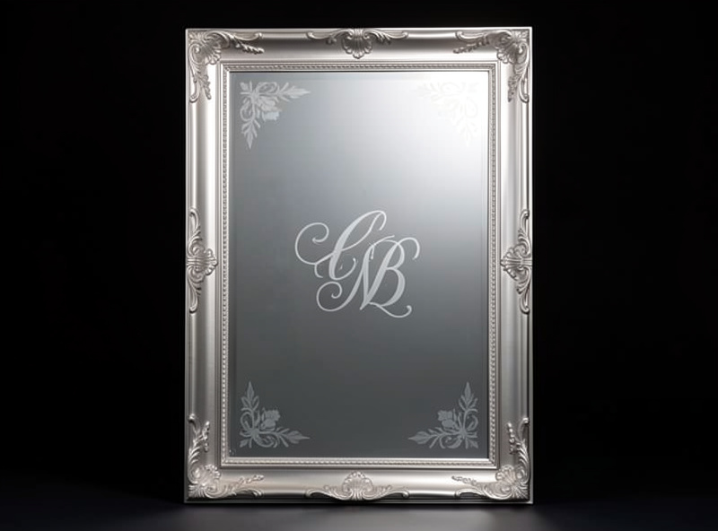 Finished back-engraved mirror with a clean frosted monogram catching backlight