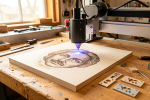 Diode laser engraving a portrait into a pale wood board with calibration test pieces nearby