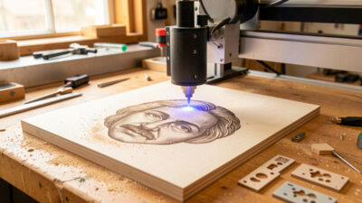 Diode laser engraving a portrait into a pale wood board with calibration test pieces nearby