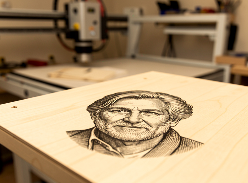 A finished laser-engraved black-and-white portrait on light wood with crisp facial detail