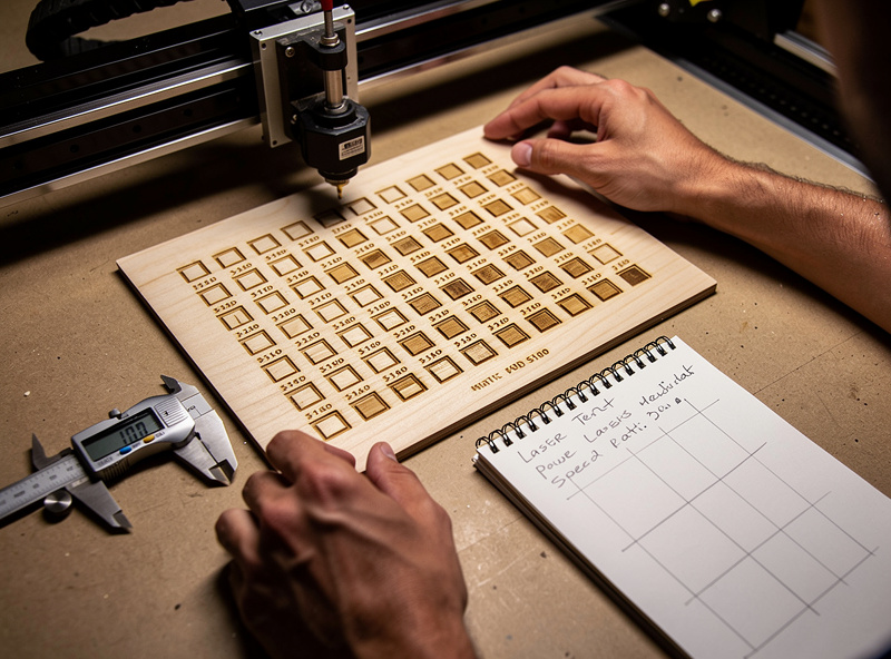 Finished laser-engraved projects laid out on a workshop bench including a wood cutting board, acrylic night-light, and leather coasters