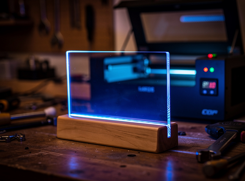 Clear cast acrylic edge-lit panel glowing on an LED base next to a CO2 laser cutter in a home workshop