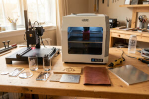 Home laser bench with diode, CO2, and fiber machines and engraved specialty material samples