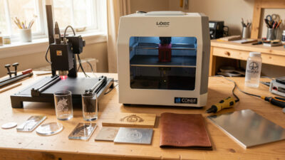 Home laser bench with diode, CO2, and fiber machines and engraved specialty material samples