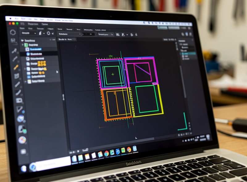 LightBurn workspace showing color layers assigned to cut, score, and fill operations for a laser file