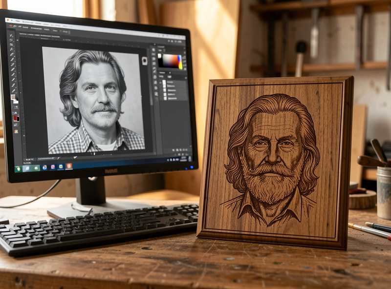 Grayscale portrait being prepared with contrast and resolution adjustments before laser photo engraving