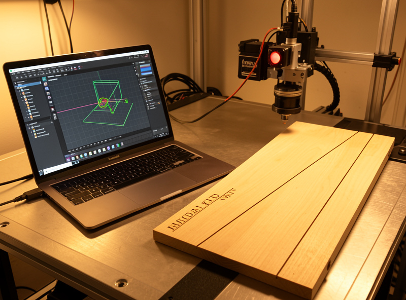 LightBurn focus ramp test and materials test card on a laser bench used for focus calibration