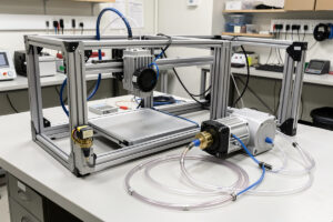 Diaphragm air assist pump and brass nozzle installed on an open-frame diode laser engraver