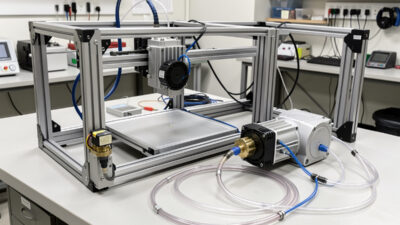 Diaphragm air assist pump and brass nozzle installed on an open-frame diode laser engraver