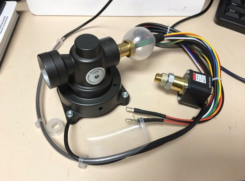 Diaphragm air assist pump connected to laser engraver with pressure regulator and moisture trap inline, workshop bench