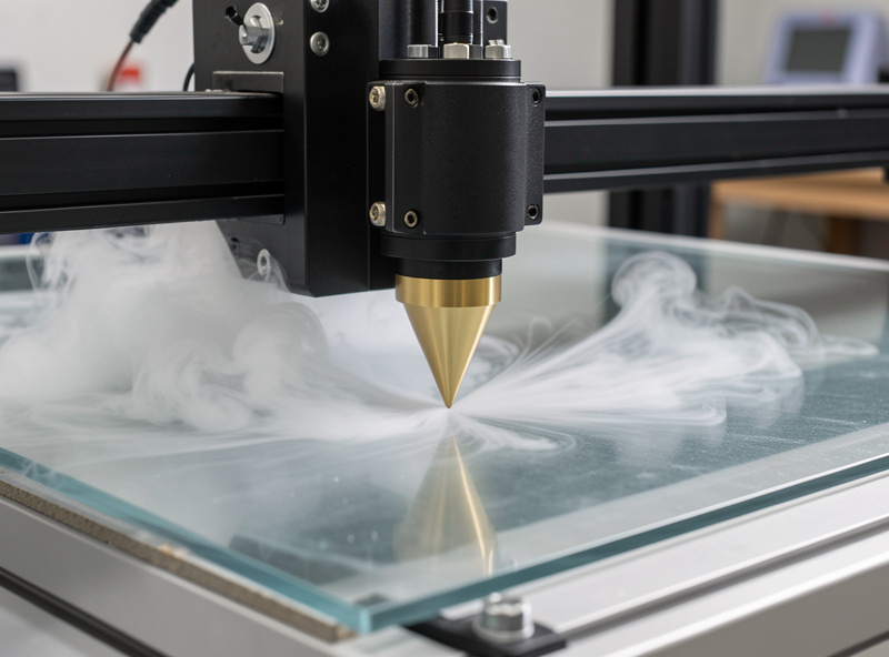 CO2 laser engraver head with brass air assist cone nozzle and external compressor tubing connection during acrylic cutting
