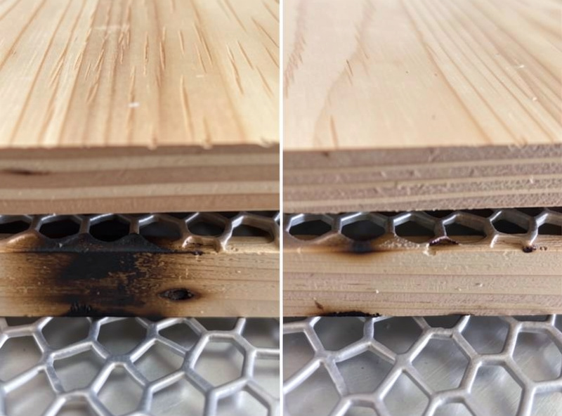 Side-by-side comparison of laser cut wood piece from flat aluminum pan versus honeycomb bed showing clean vs scorched underside