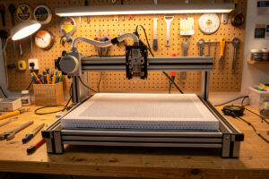 Laser engraver upgrade bench with air assist pump, honeycomb bed, and rotary attachment