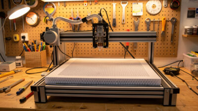 Laser engraver upgrade bench with air assist pump, honeycomb bed, and rotary attachment