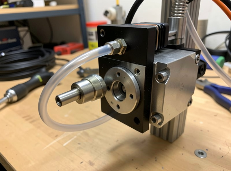 Laser engraver workbench showing air assist pump, honeycomb bed, and inline exhaust blower setup