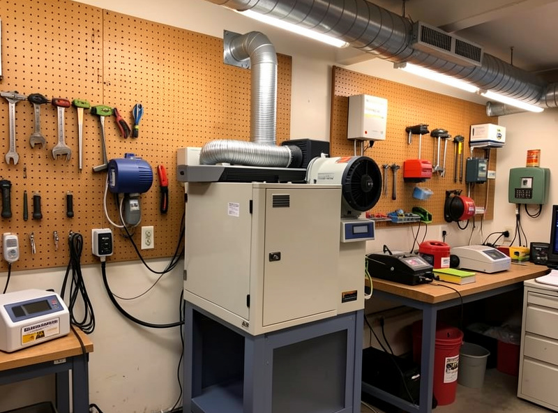 Laser engraver inline blower and activated carbon fume extractor connected to ducted exhaust system