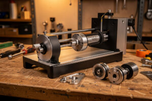 Laser rotary attachment engraving a cylindrical tumbler, chuck and roller hardware comparison