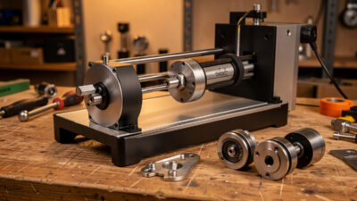 Laser rotary attachment engraving a cylindrical tumbler, chuck and roller hardware comparison