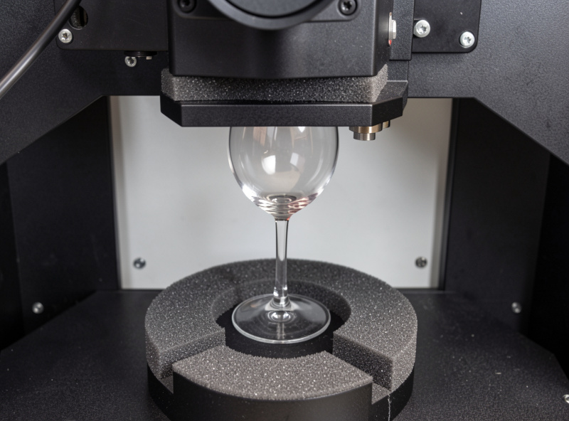 xTool RA2 Pro chuck rotary attachment mounted in xTool S1 laser engraver with wine glass centered in chuck jaws