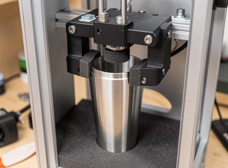xTool RA2 Pro chuck rotary gripping a stainless tumbler inside an enclosed diode laser