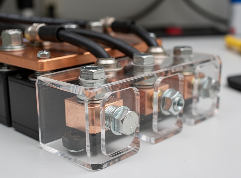 Close-up of laser-cut acrylic terminal covers with snap-fit tabs on a LiFePO4 battery bank, copper bus bars visible, clean workshop build