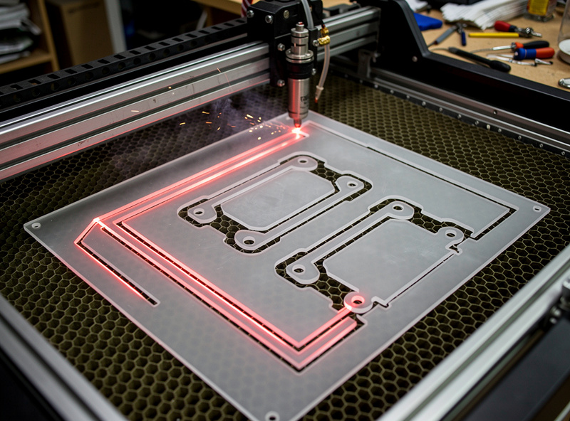 Overhead view of laser cutter bed with sheet of acrylic, bus bar insulators being cut, red laser beam visible, air assist nozzle, workshop setting
