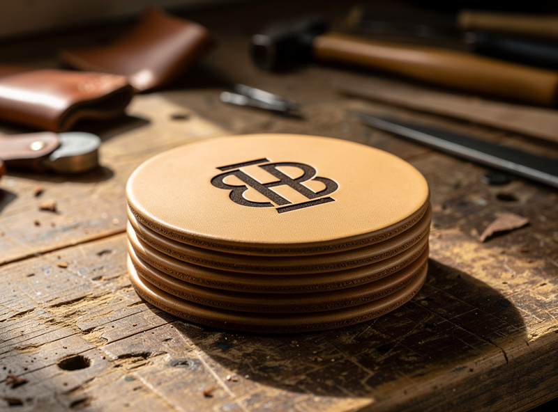 A stack of round vegetable-tan leather coasters with dark laser-engraved designs on a workshop bench