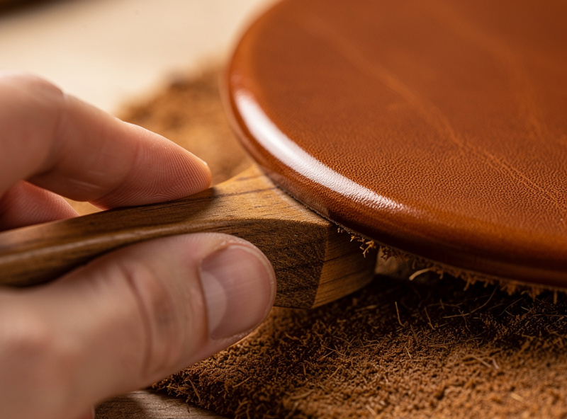 Hand burnishing the edge of a round laser-cut leather coaster with a wooden slicker