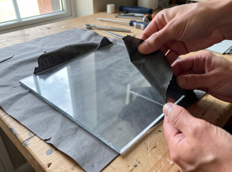 A laser-cut acrylic part with the smoke-darkened paper masking film being peeled back to reveal a clean glossy surface underneath