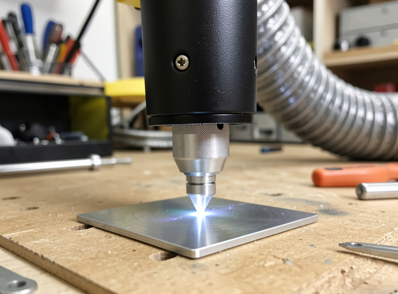 Desktop fiber laser marker head with air assist nozzle and ducted exhaust over a metal plate