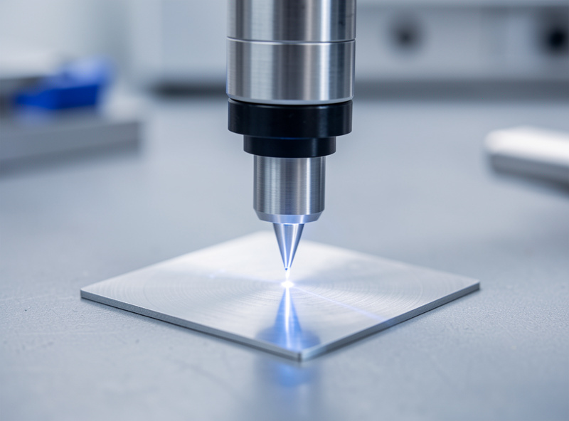 Desktop MOPA fiber laser marking head focused over a stainless steel coupon on the bench