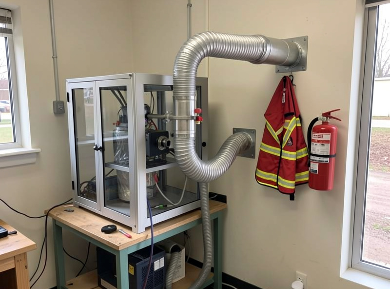 Laser enclosure with air assist and ducted exhaust to outside, fire extinguisher and blanket nearby