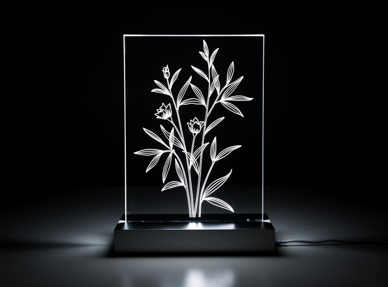 A clear cast acrylic edge-lit panel glowing on an LED base in a dim room, artwork appearing to float