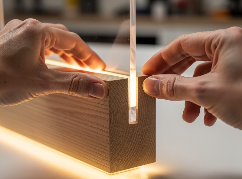 A laser-cut acrylic panel being seated into the slot of a wooden LED base