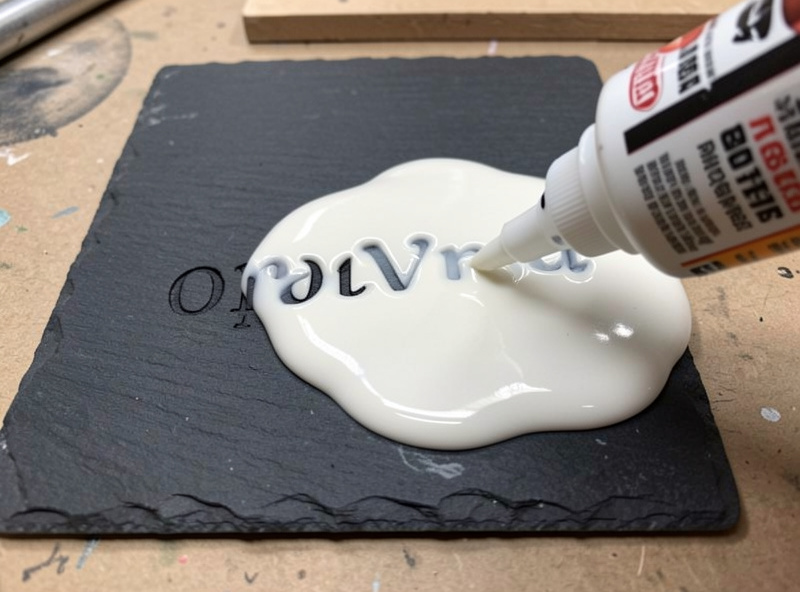 A slate coaster with engraved lettering being flooded with white paint before wiping back