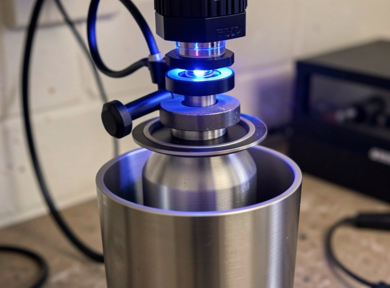Roller-style rotary attachment turning a powder-coated tumbler under a diode laser head inside an enclosure