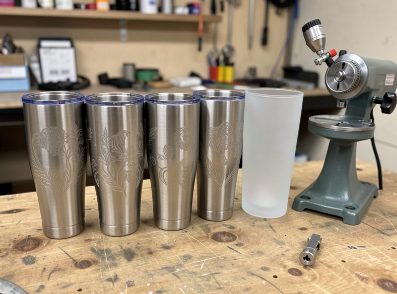 Finished laser-engraved tumblers and a glass tumbler lined up beside a rotary attachment and air assist nozzle