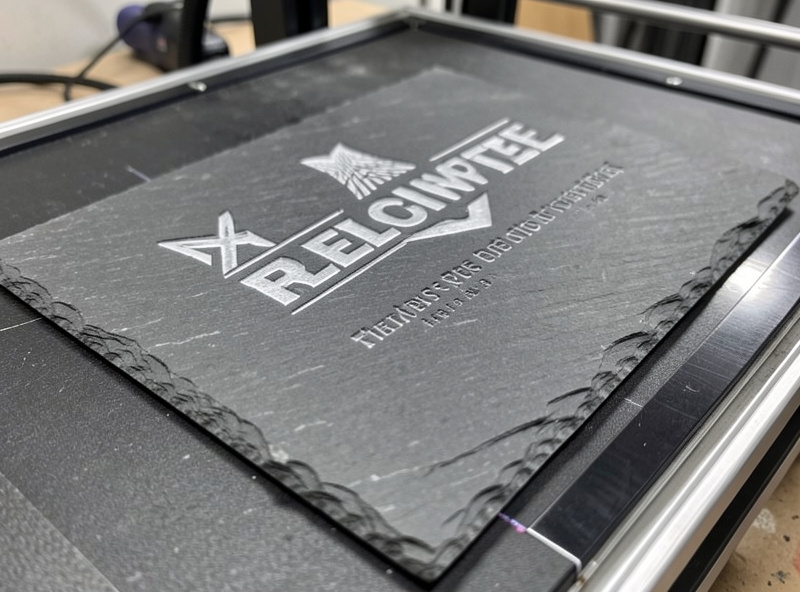A piece of dark grey slate on a laser bed with a freshly engraved frosted design showing high contrast