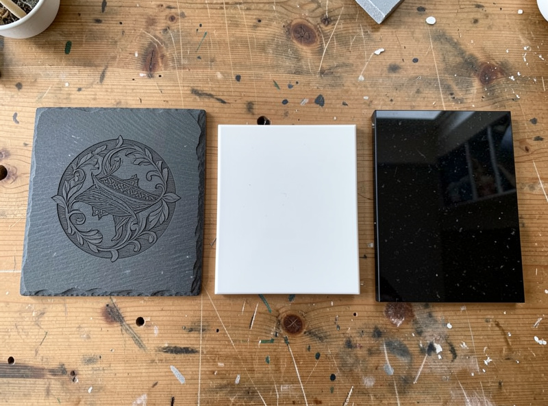 A flat lay of stone engraving samples including a slate coaster, a ceramic tile, and a polished granite tile on a workbench