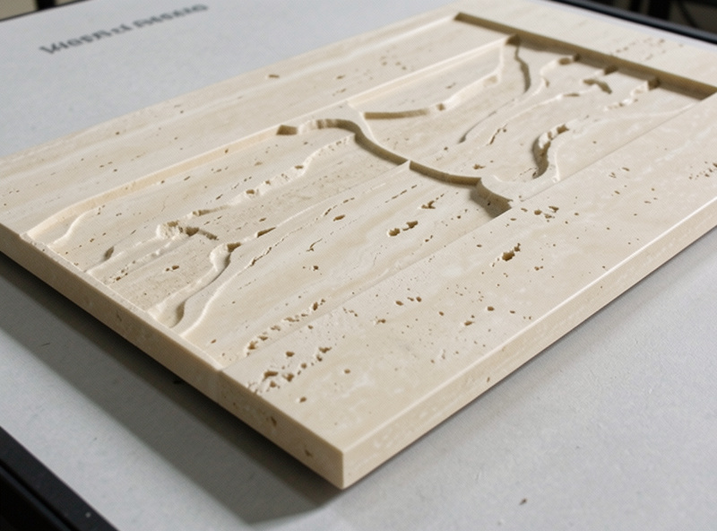 A cream-coloured travertine tile on a laser bed with a deeply engraved recessed design showing texture