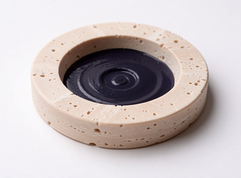 A travertine coaster with a deep engraved design filled with dark paint sitting crisp in the recess
