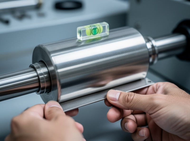 Close-up of a stainless tumbler on a roller rotary being leveled with a small spirit level before engraving