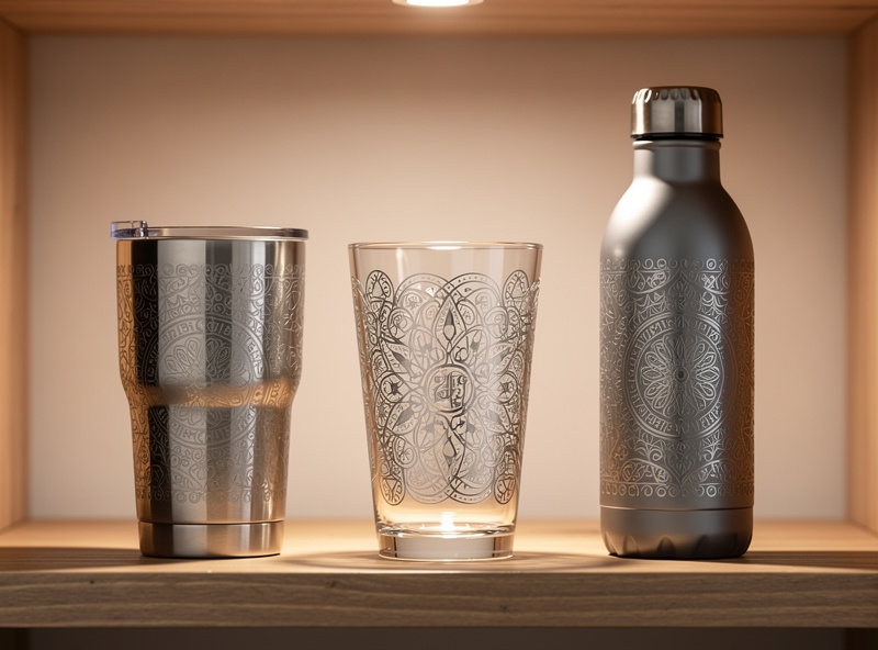A collection of laser-engraved drinkware including a tumbler, pint glass, and bottle with wrapped designs on a shelf