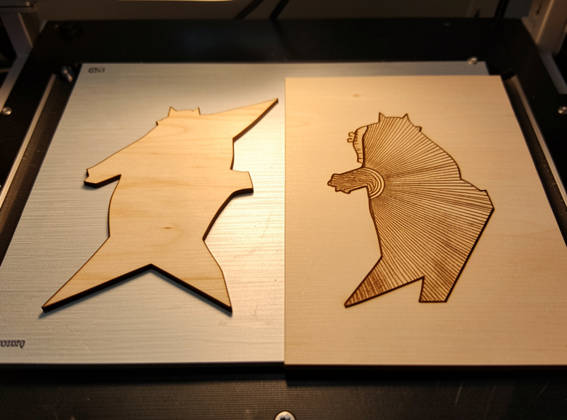 A laser cutting a crisp vector outline next to a filled raster engraving sweeping across wood