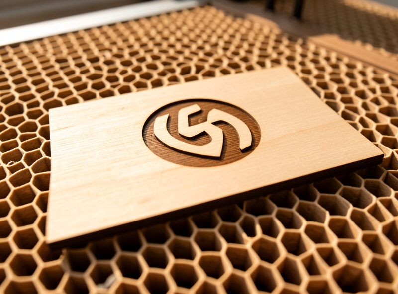 A finished wood sign showing a raster-engraved logo combined with vector-cut edges on the laser bed